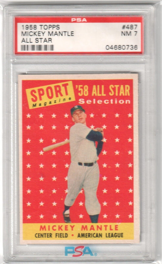 MICKEY MANTLE 1958 Topps All Star #487 PSA 7 NM - YANKEES - Columbia Hobby - Sports Card Boxes - Toploaders - Card Savers
