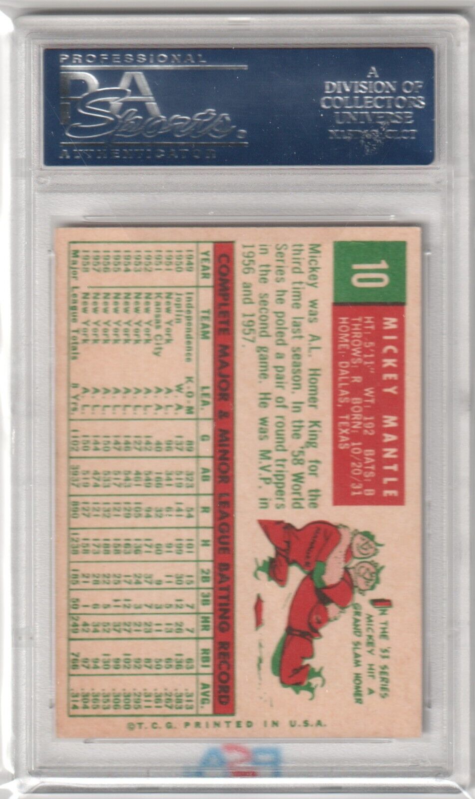 MICKEY MANTLE 1959 Topps #10 PSA 6 EX - MT - YANKEES - Columbia Hobby - Sports Card Boxes - Toploaders - Card Savers