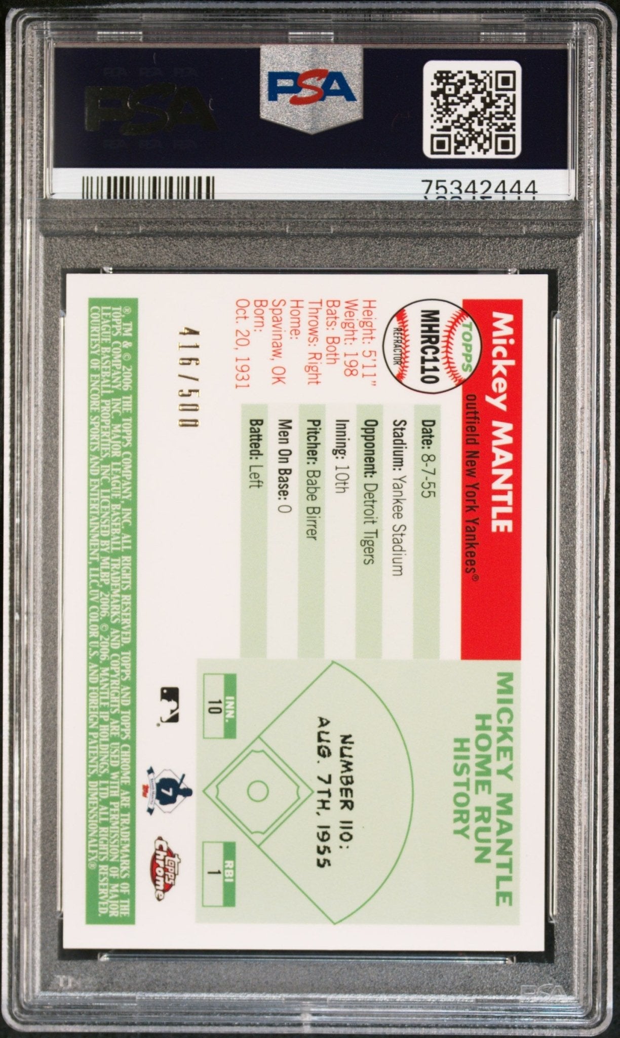 MICKEY MANTLE 2006 Topps Chrome Home Run #110 #/500 Refractor PSA 10 GEM Pop 2 - Columbia Hobby - Sports Card Boxes - Toploaders - Card Savers