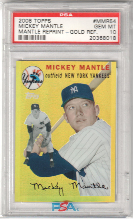 MICKEY MANTLE 2008 Topps Mickey Mantle #MMR54 Gold Refractor PSA 10 GEM - Columbia Hobby - Sports Card Boxes - Toploaders - Card Savers