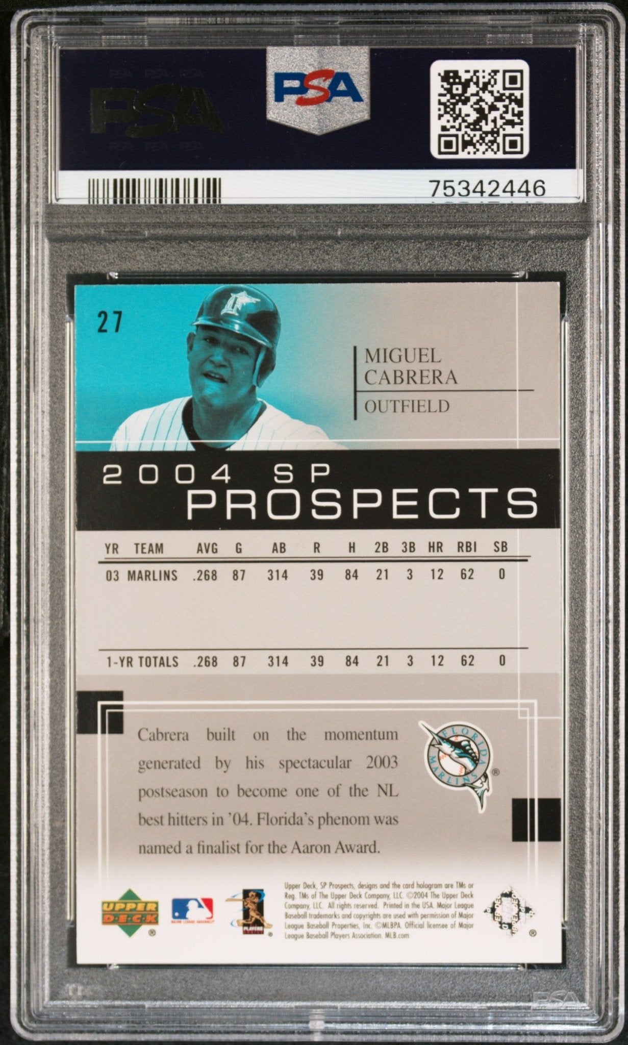 MIGUEL CABRERA 2004 Upper Deck SP Prospects #27 PSA 9 MINT - MARLINS Pop 6 - Columbia Hobby - Sports Card Boxes - Toploaders - Card Savers