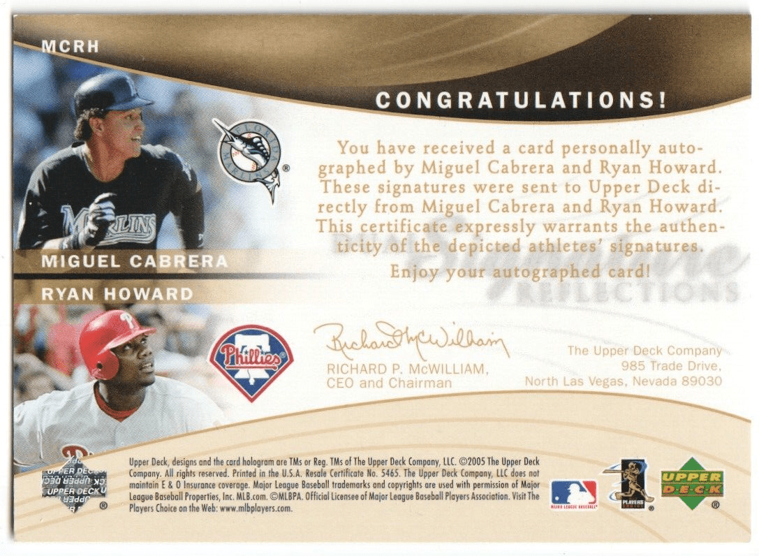 MIGUEL CABRERA - RYAN HOWARD 2005 Upper Deck Reflections Dual Autograph Auto - Columbia Hobby - Sports Card Boxes - Toploaders - Card Savers