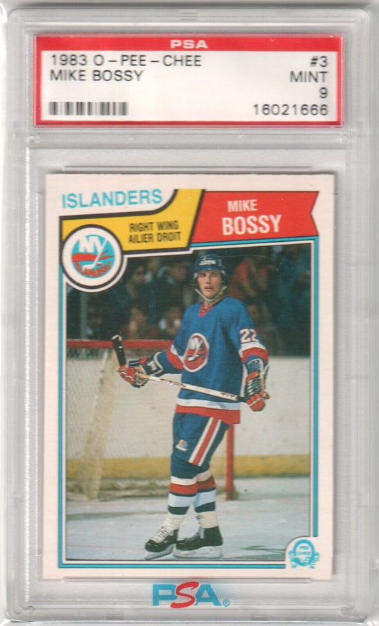 MIKE BOSSY 1983 - 84 O - PEE - CHEE #3 PSA 9 MINT - ISLANDERS - Columbia Hobby - Sports Card Boxes - Toploaders - Card Savers
