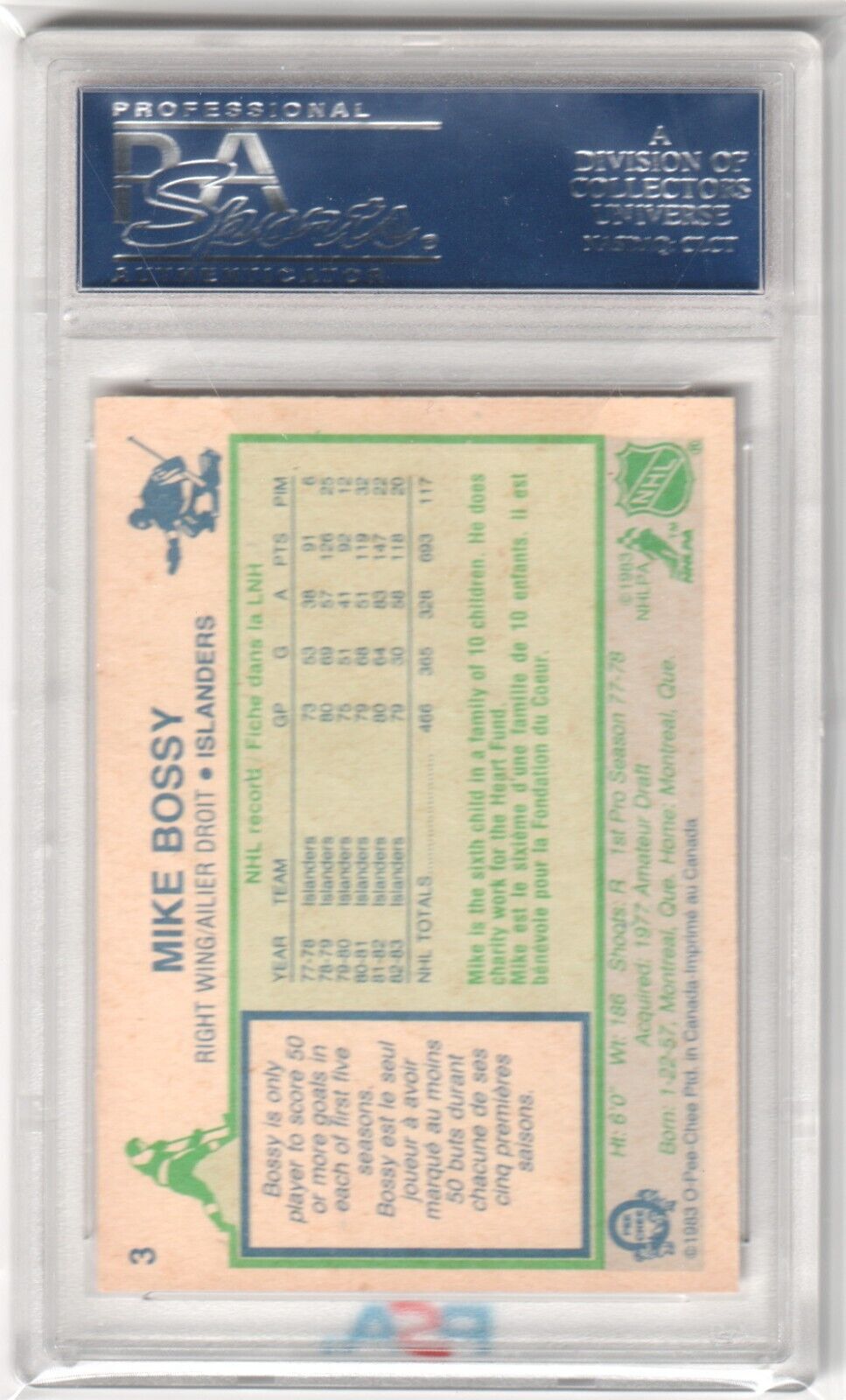 MIKE BOSSY 1983 - 84 O - PEE - CHEE #3 PSA 9 MINT - ISLANDERS - Columbia Hobby - Sports Card Boxes - Toploaders - Card Savers