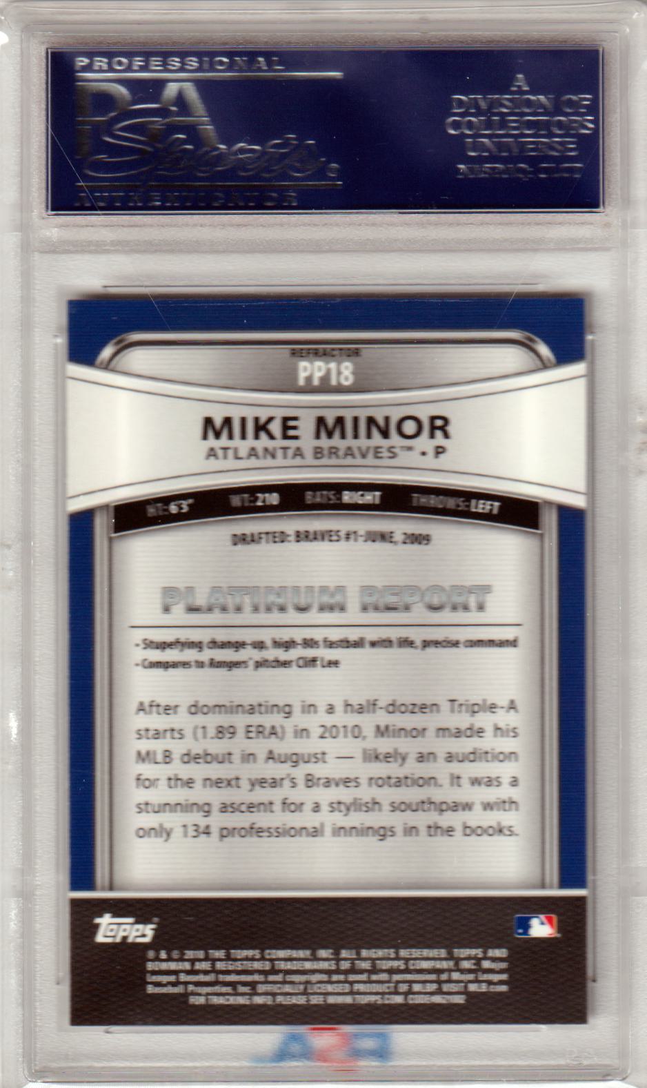 MIKE MINOR 2010 Bowman Platinum RC Rookie #PP18 Purple Refractor PSA 10 Pop 1 - Columbia Hobby - Sports Card Boxes - Toploaders - Card Savers