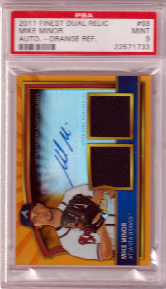 MIKE MINOR 2011 Topps Finest #68 Relic Autograph Orange Refractor PSA 9 #/99 - Columbia Hobby - Sports Card Boxes - Toploaders - Card Savers