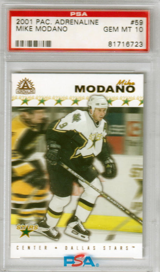 MIKE MODANO 2001 Pacific Adrenaline HOF #59 PSA 10 GEM MINT - STARS - Columbia Hobby - Sports Card Boxes - Toploaders - Card Savers