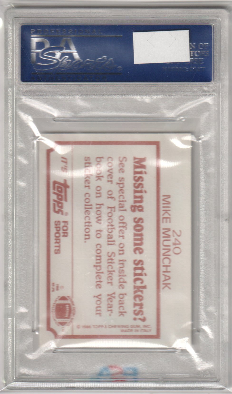 MIKE MUNCHAK 1986 Topps Stickers 240 PSA 10 GEM MINT - Pop 8 - Columbia Hobby - Sports Card Boxes - Toploaders - Card Savers