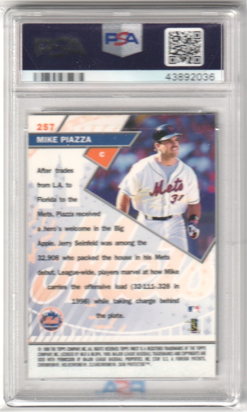 MIKE PIAZZA 1999 Topps Finest #257 PSA 9 MINT - METS - Columbia Hobby - Sports Card Boxes - Toploaders - Card Savers