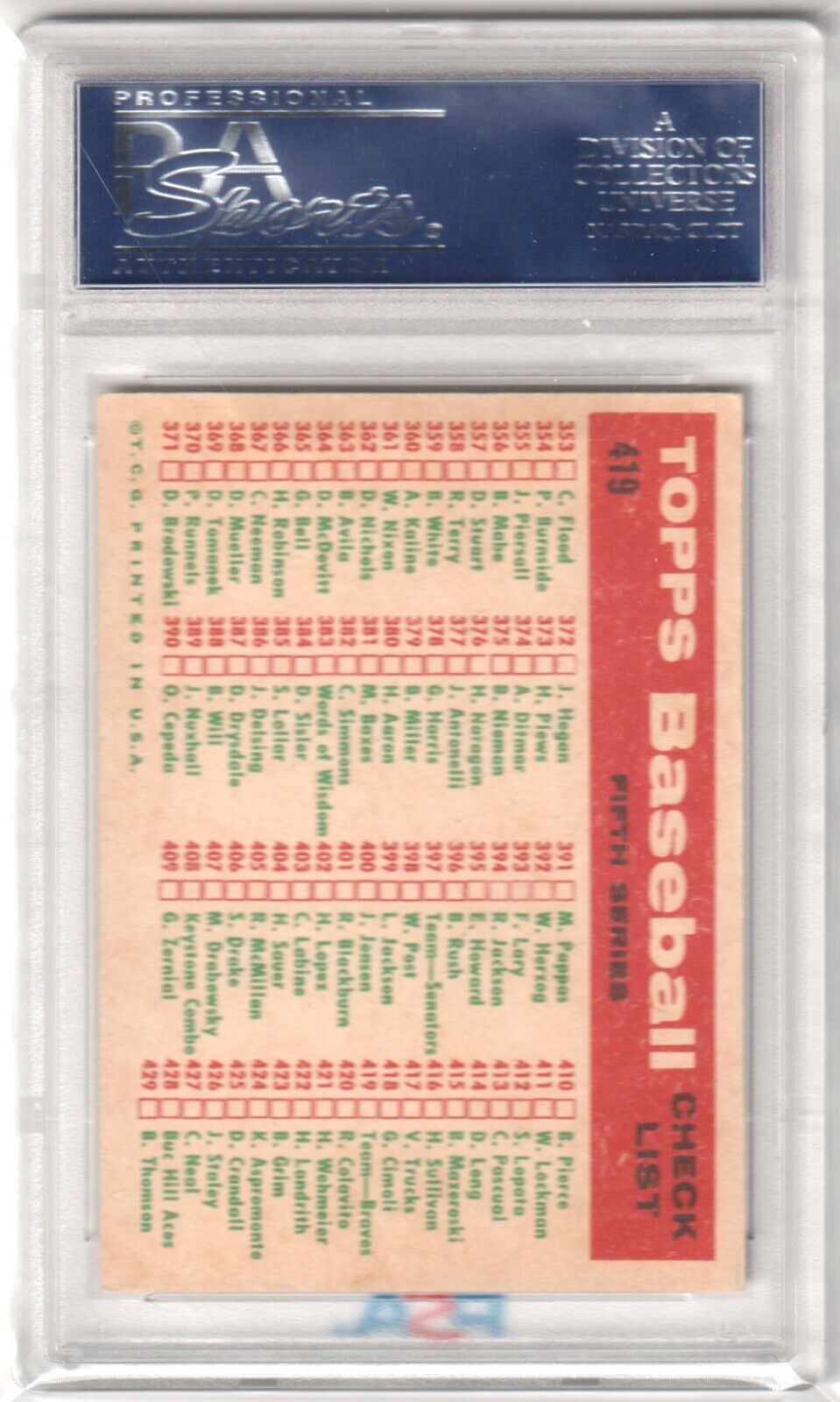 MILWAUKEE BRAVES 1959 Topps Team Checklist #419 Graded PSA 5 EX - Columbia Hobby - Sports Card Boxes - Toploaders - Card Savers