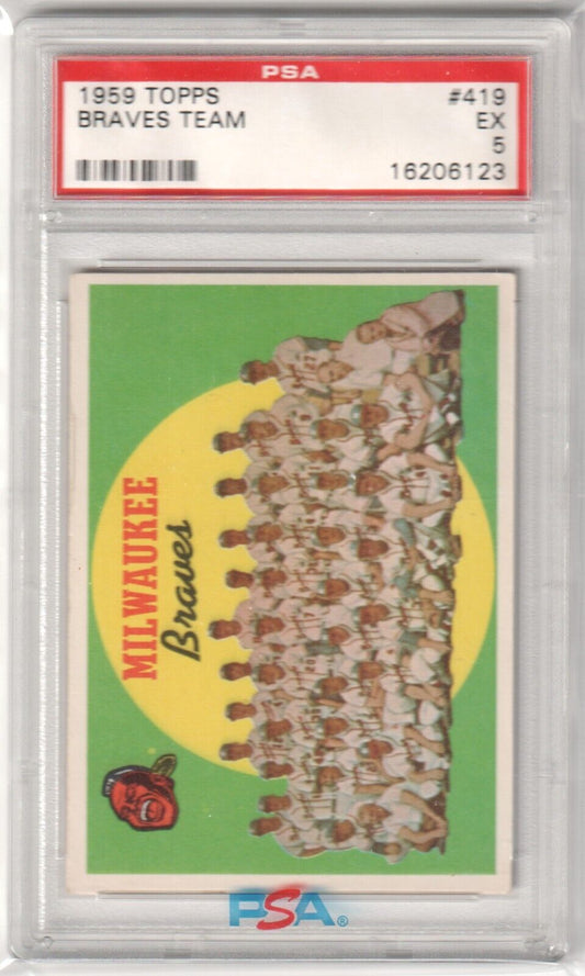 MILWAUKEE BRAVES 1959 Topps Team Checklist #419 Graded PSA 5 EX - Columbia Hobby - Sports Card Boxes - Toploaders - Card Savers