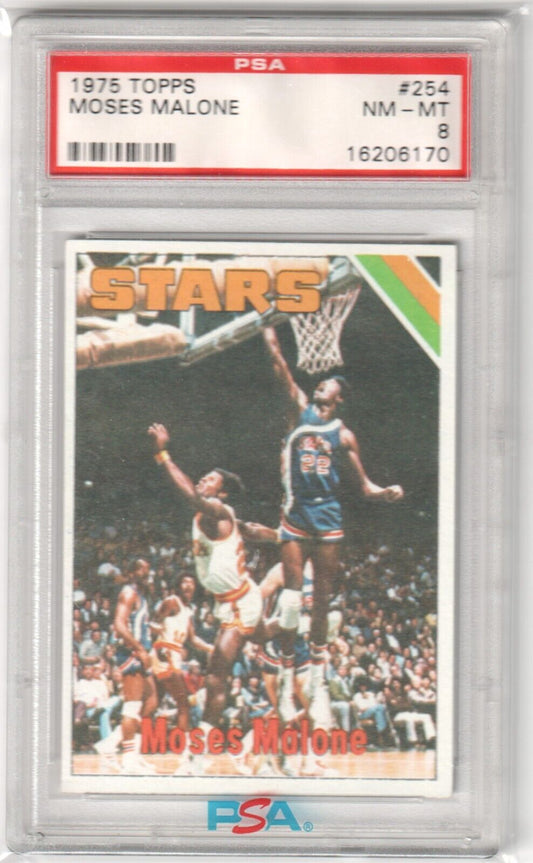 MOSES MALONE 1975 - 76 Topps #254 PSA 8 NM - MT - STARS - Columbia Hobby - Sports Card Boxes - Toploaders - Card Savers