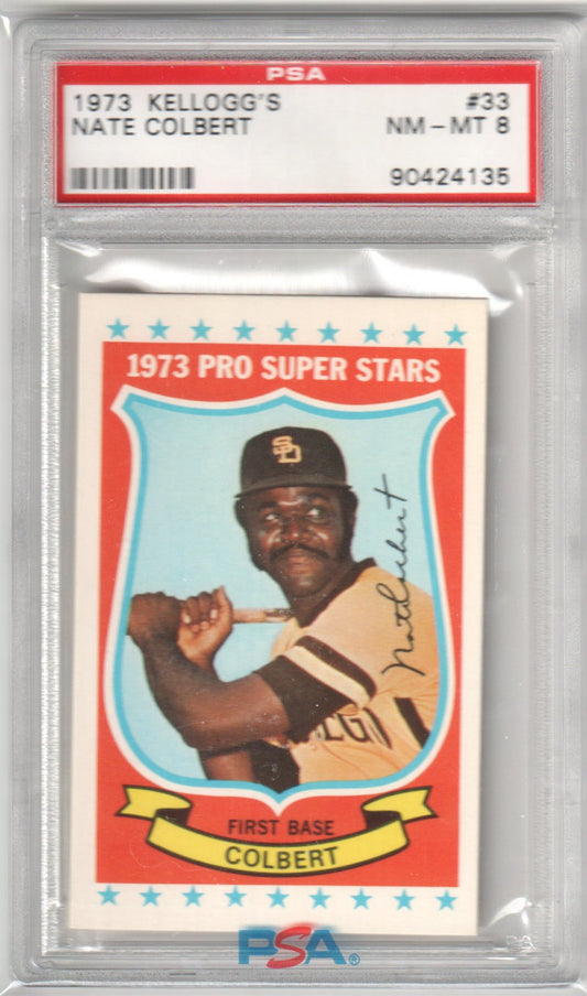 NATE COLBERT 1973 Kellogg's Pro Super Stars #33 PSA 8 NM - PADRES - Columbia Hobby - Sports Card Boxes - Toploaders - Card Savers