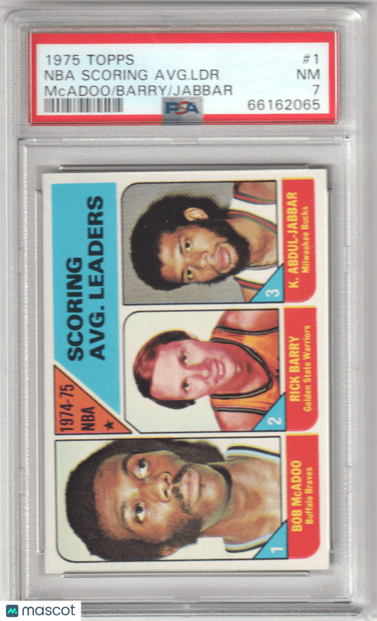 NBA Scoring Avg. LDR 1975 Topps #1 McAdoo Barry Jabbar PSA 7 NM - MT - Columbia Hobby - Sports Card Boxes - Toploaders - Card Savers
