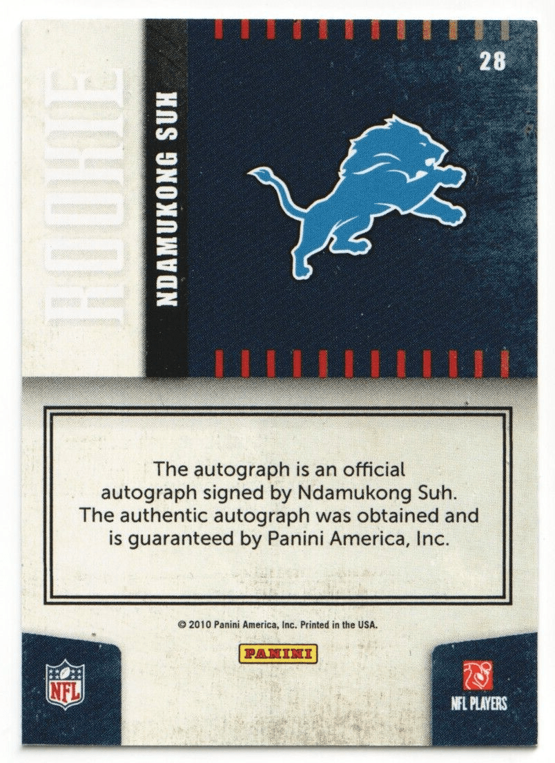 NDAMUKONG SUH 2010 Donruss Elite RC Rookie Autograph Auto - LIONS - Columbia Hobby - Sports Card Boxes - Toploaders - Card Savers