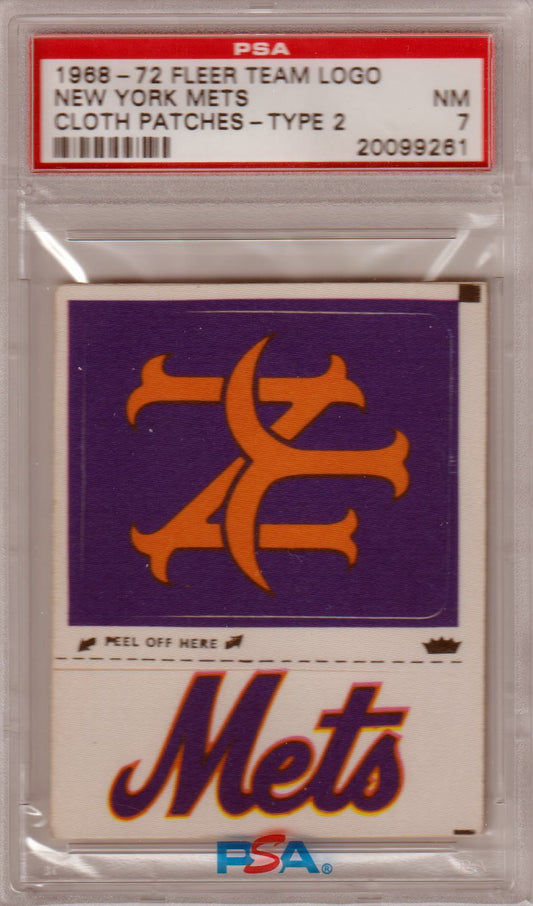 New York Mets 1968 - 72 Fleer Team Logo Cloth Patches Type 2 PSA 7 NM POP 1! - Columbia Hobby - Sports Card Boxes - Toploaders - Card Savers
