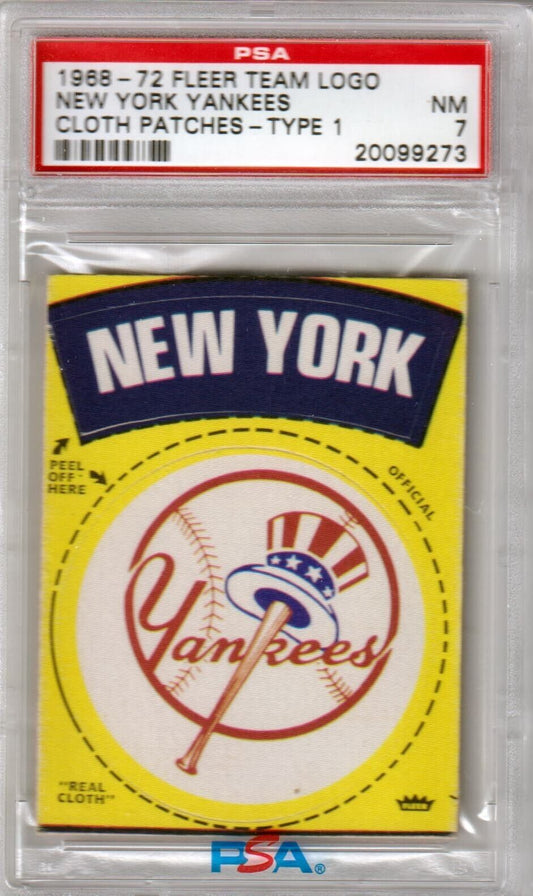 NEW YORK YANKEES 1968 - 72 Fleer Team Logo Cloth Patches Type 1 PSA 7 NM - Columbia Hobby - Sports Card Boxes - Toploaders - Card Savers