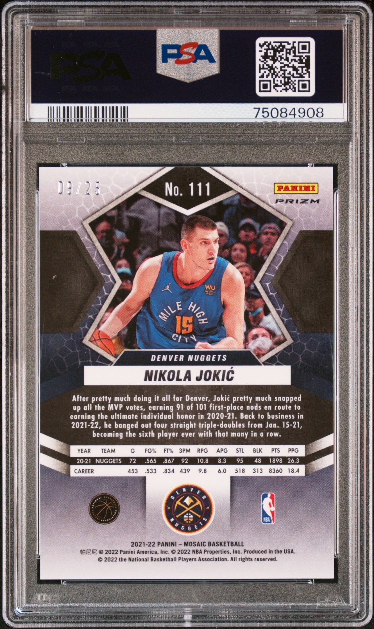 NIKOLA JOKIC 2021 - 22 Panini Mosaic #111 White PSA 9 MINT - NUGGETS - Columbia Hobby - Sports Card Boxes - Toploaders - Card Savers