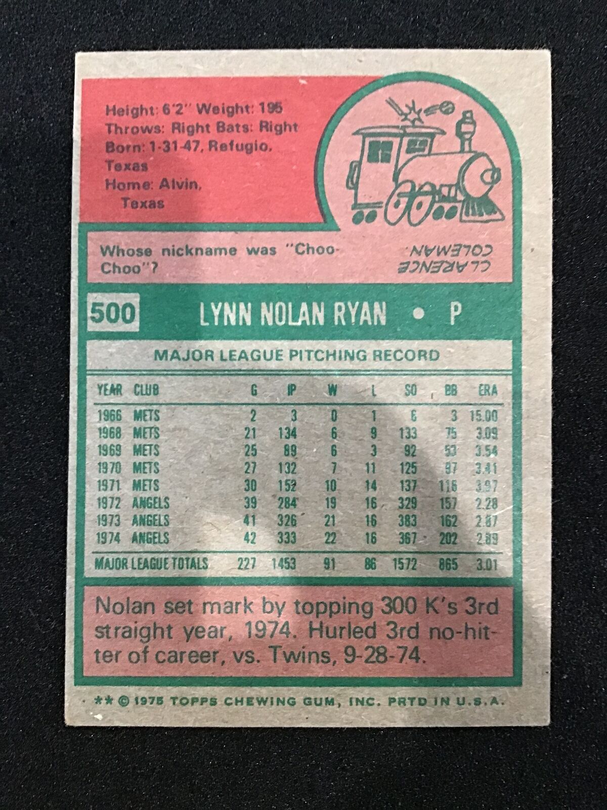 Nolan Ryan 1975 Topps #500 - California Angels - Columbia Hobby - Sports Card Boxes - Toploaders - Card Savers