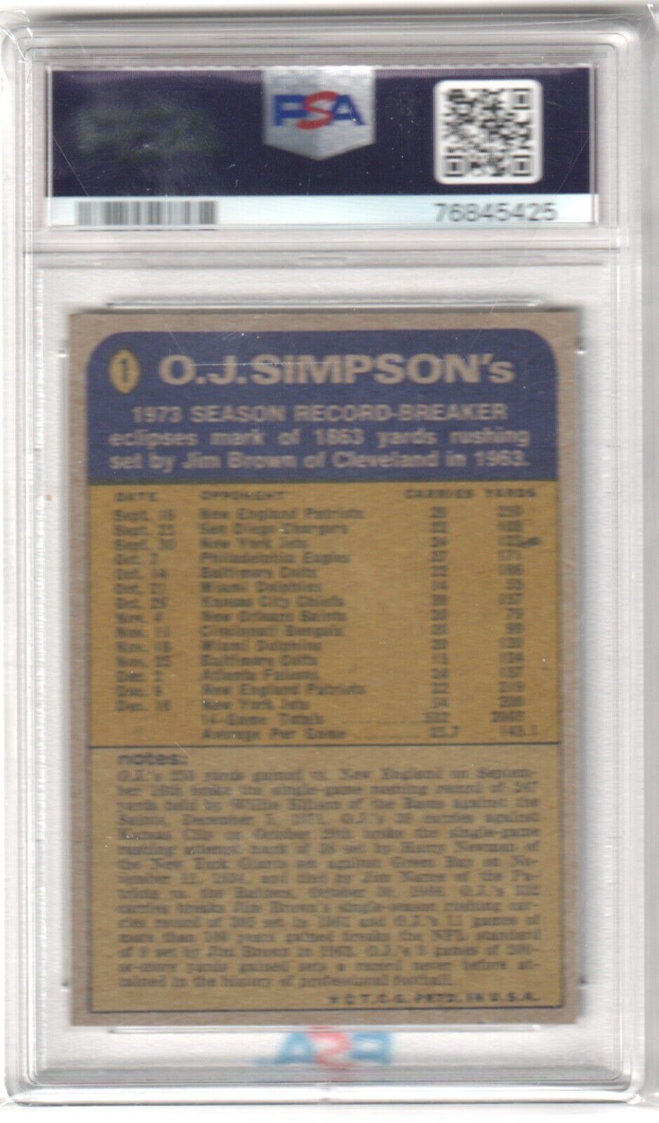 O.J. SIMPSON 1974 Topps HOF 100 Year Should Say Yards #1 PSA 7 NM - BILLS - Columbia Hobby - Sports Card Boxes - Toploaders - Card Savers