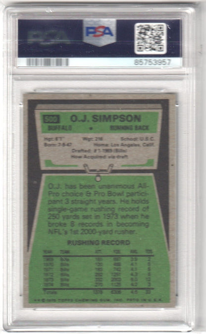 O.J. SIMPSON 1975 Topps #500 Graded PSA 8 NM - BILLS - Columbia Hobby - Sports Card Boxes - Toploaders - Card Savers