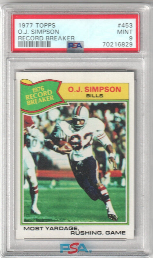 O.J. SIMPSON 1977 Topps Record Breaker #453 PSA 9 MINT - BILLS - Columbia Hobby - Sports Card Boxes - Toploaders - Card Savers
