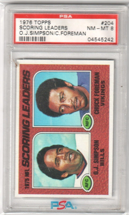 O.J. SIMPSON CHUCK FOREMAN 1976 Topps #204 PSA 8 NM - MT - BILLS VIKINGS - Columbia Hobby - Sports Card Boxes - Toploaders - Card Savers
