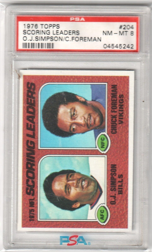 O.J. SIMPSON CHUCK FOREMAN 1976 Topps #204 PSA 8 NM - MT - BILLS VIKINGS - Columbia Hobby - Sports Card Boxes - Toploaders - Card Savers