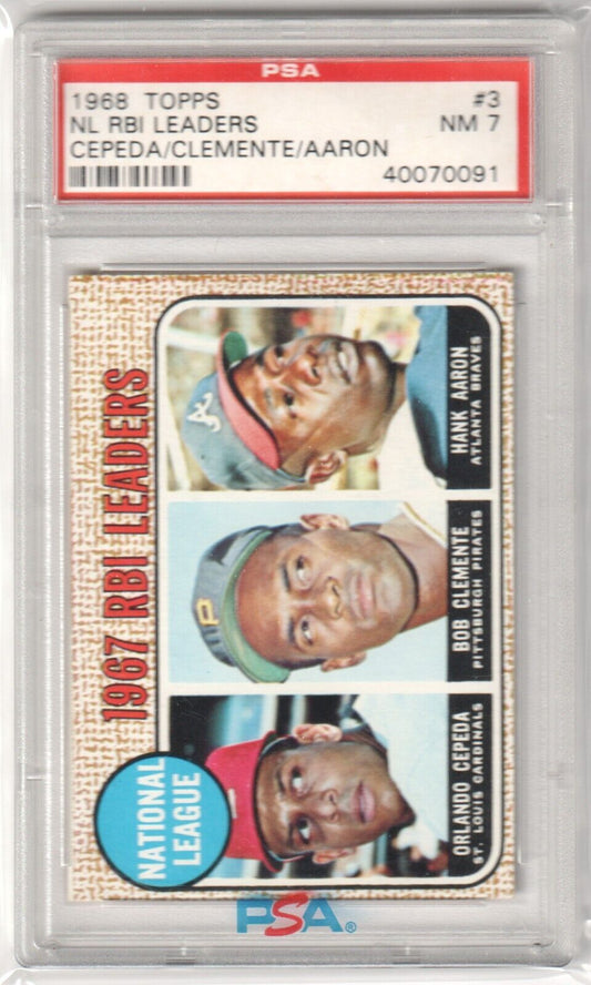 ORLANDO CEPEDA ROBERTO CLEMENTE HANK AARON 1968 Topps RBI Leaders #3 PSA 7 NM - Columbia Hobby - Sports Card Boxes - Toploaders - Card Savers
