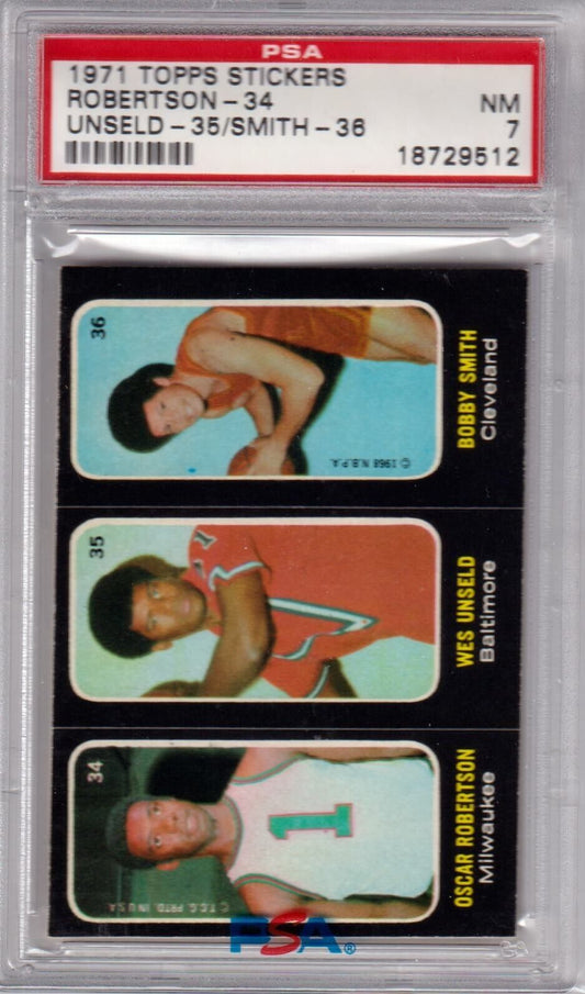 OSCAR ROBERTSON WES UNSELD SMITH 1971 Topps Stickers PSA 7 NM 34 - 35 - 36 - Columbia Hobby - Sports Card Boxes - Toploaders - Card Savers