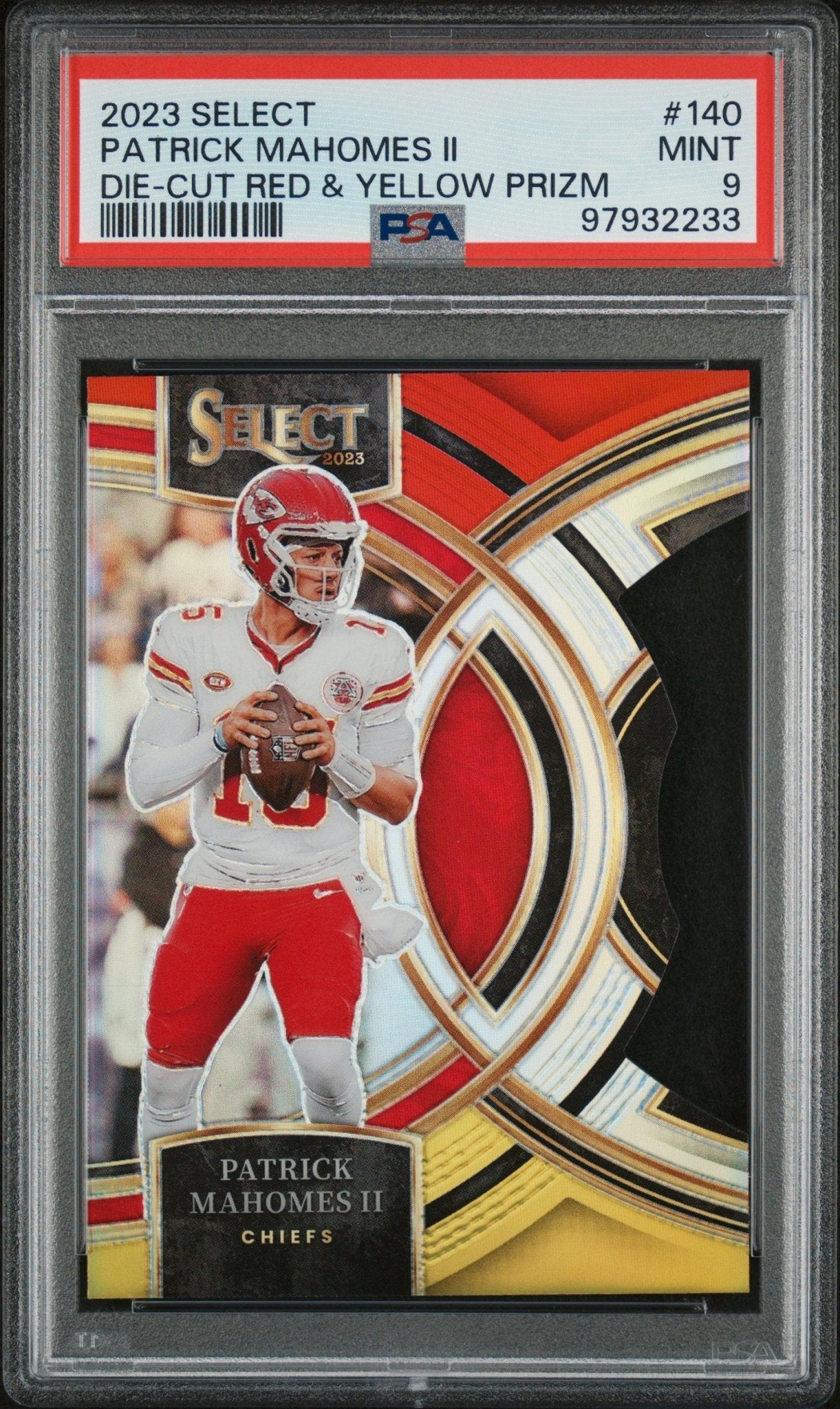 PATRICK MAHOMES II 2023 Panini Select #140 Die Cut Red & Yellow Prizm PSA - Columbia Hobby - Sports Card Boxes - Toploaders - Card Savers
