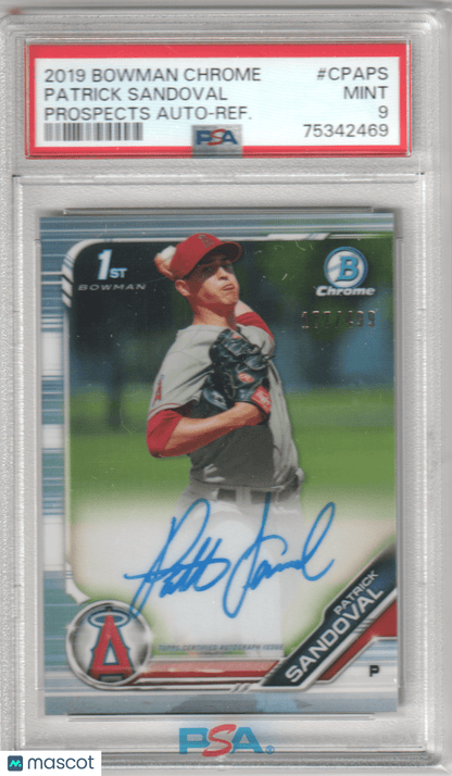 PATRICK SANDOVAL 2019 Bowman Chrome Prospect 1st Autograph Refractor /499 PSA 9 - Columbia Hobby - Sports Card Boxes - Toploaders - Card Savers