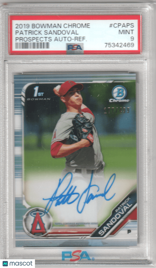 PATRICK SANDOVAL 2019 Bowman Chrome Prospect 1st Autograph Refractor /499 PSA 9 - Columbia Hobby - Sports Card Boxes - Toploaders - Card Savers