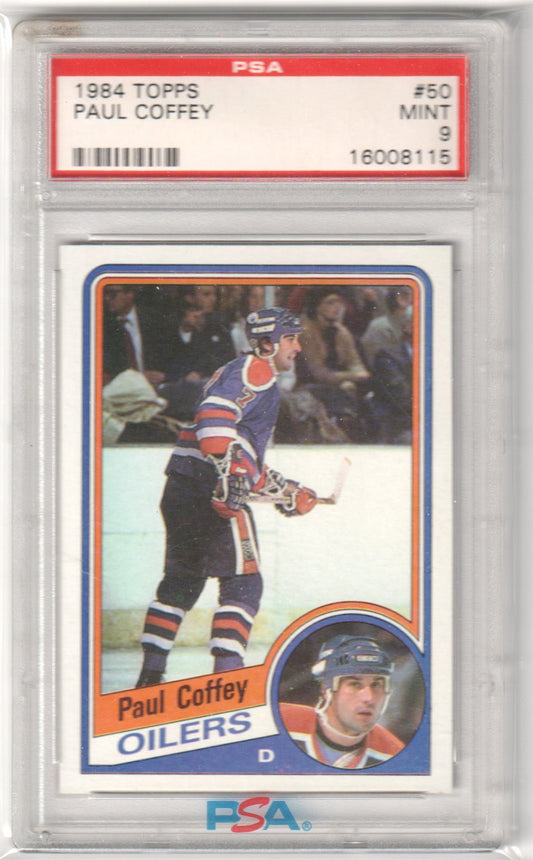 PAUL COFFEY 1984 - 85 Topps #50 PSA 9 MINT - OILERS - Columbia Hobby - Sports Card Boxes - Toploaders - Card Savers