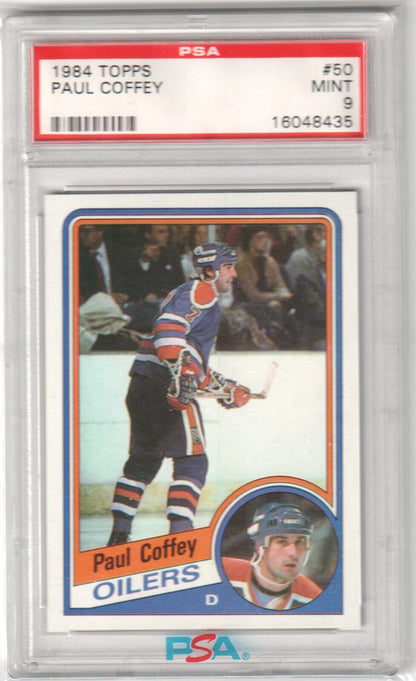 PAUL COFFEY 1984 - 85 Topps #50 PSA 9 MINT - OILERS - Columbia Hobby - Sports Card Boxes - Toploaders - Card Savers