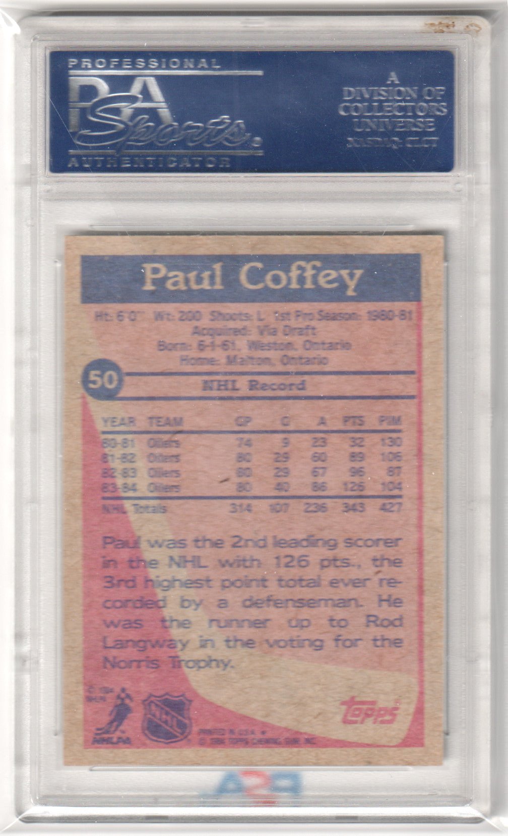 PAUL COFFEY 1984 - 85 Topps #50 PSA 9 MINT - OILERS - Columbia Hobby - Sports Card Boxes - Toploaders - Card Savers