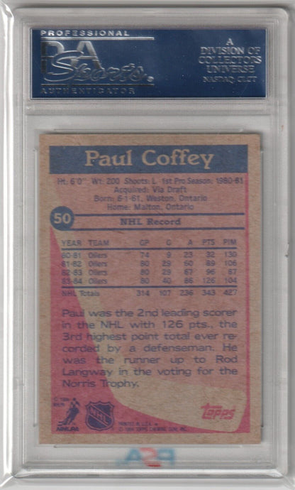 PAUL COFFEY 1984 - 85 Topps #50 PSA 9 MINT - OILERS - Columbia Hobby - Sports Card Boxes - Toploaders - Card Savers