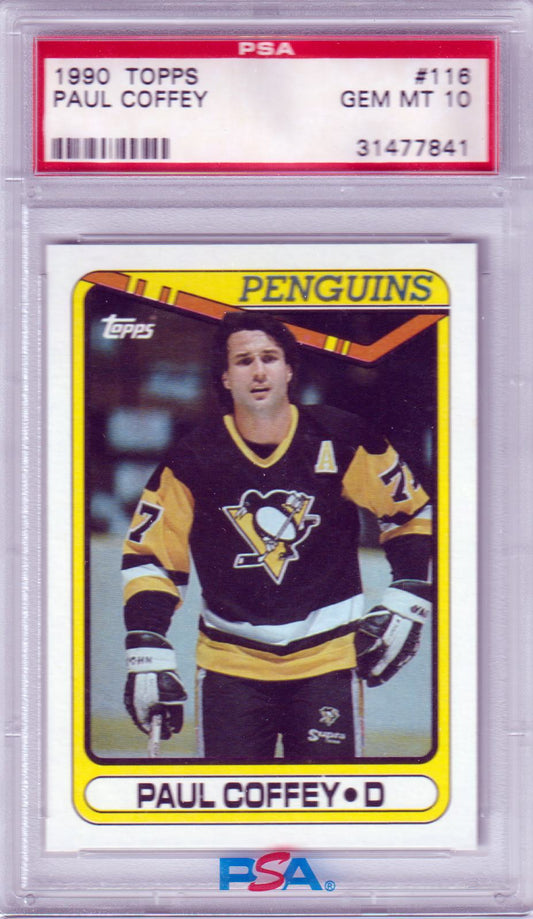 PAUL COFFEY 1990 - 91 Topps #116 PSA 10 GEM MINT PENGUINS POP 4 - Columbia Hobby - Sports Card Boxes - Toploaders - Card Savers