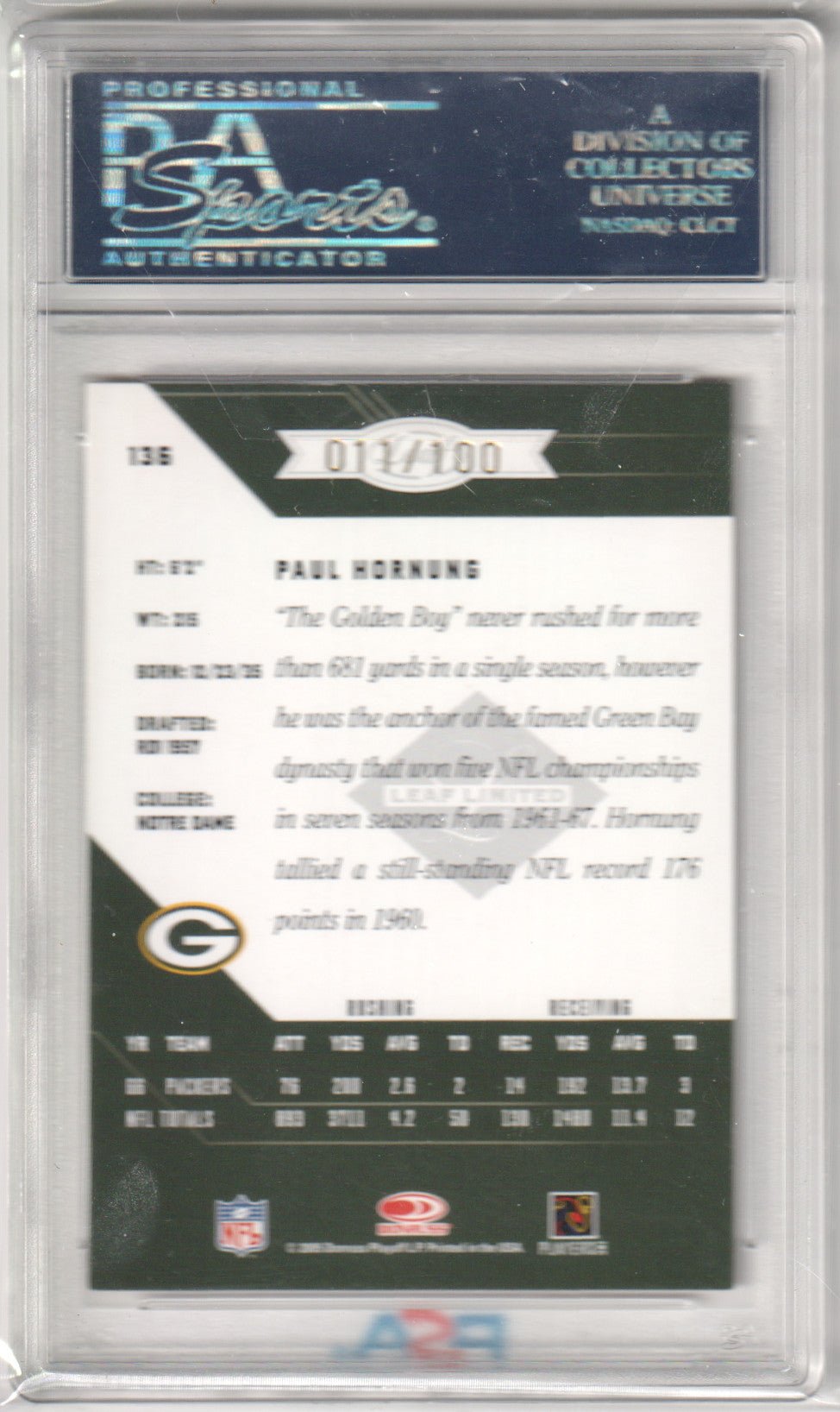 PAUL HORNUNG 2005 Leaf Limited Autograph Auto 136 PSA Authentic - PACKERS - Columbia Hobby - Sports Card Boxes - Toploaders - Card Savers