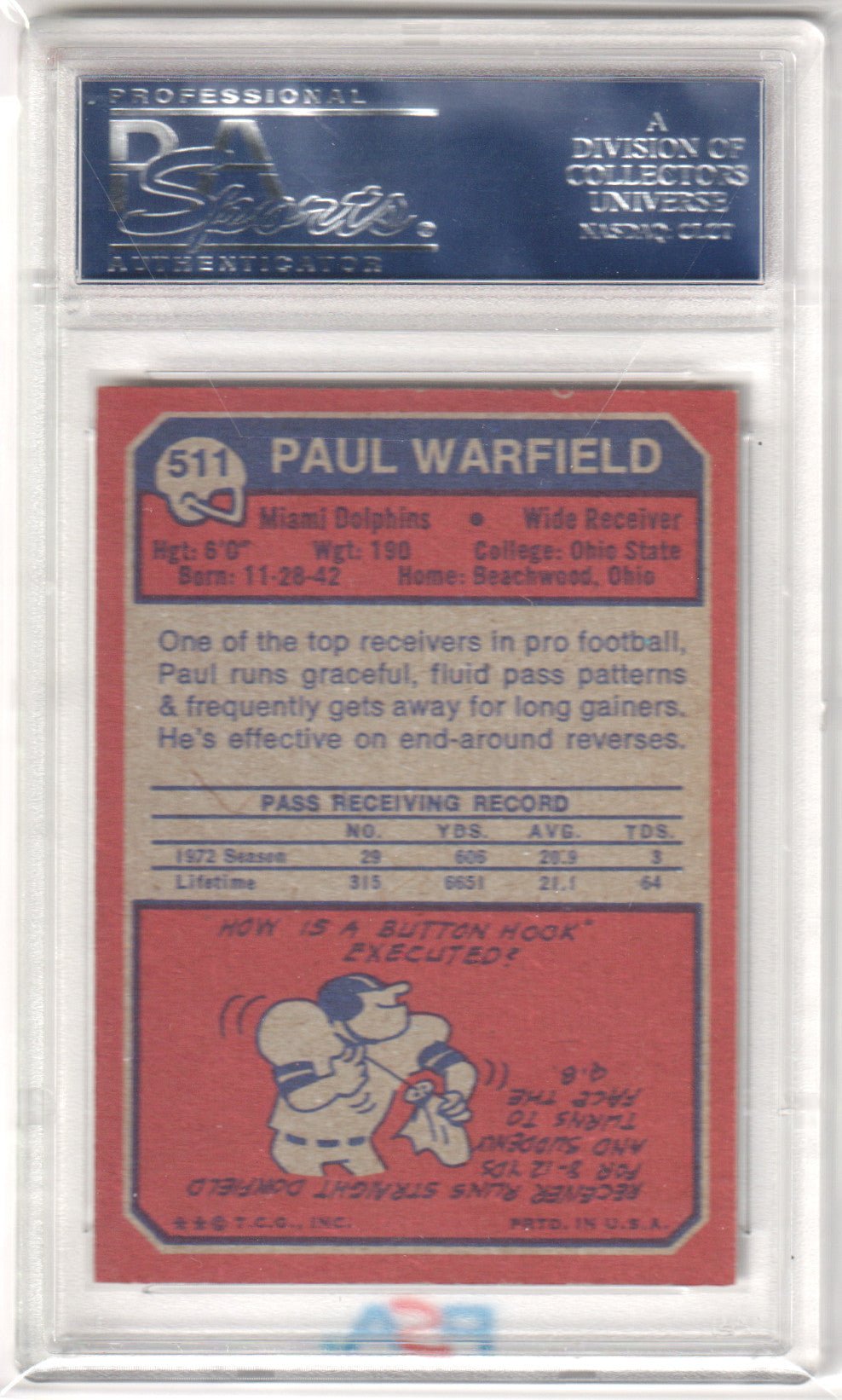PAUL WARFIELD 1973 Topps 511 PSA 8 NM - MT - DOLPHINS - Columbia Hobby - Sports Card Boxes - Toploaders - Card Savers