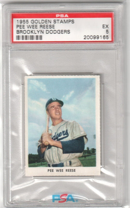 PEE WEE REESE 1955 Golden Stamps PSA 5 EX - BROOKLYN DODGERS - Columbia Hobby - Sports Card Boxes - Toploaders - Card Savers