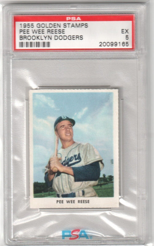 PEE WEE REESE 1955 Golden Stamps PSA 5 EX - BROOKLYN DODGERS - Columbia Hobby - Sports Card Boxes - Toploaders - Card Savers