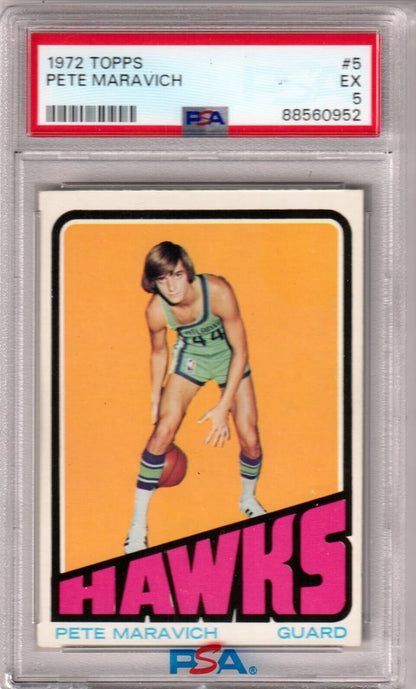 PETE MARAVICH 1972 Topps #5 PSA 5 EX - HAWKS - Columbia Hobby - Sports Card Boxes - Toploaders - Card Savers