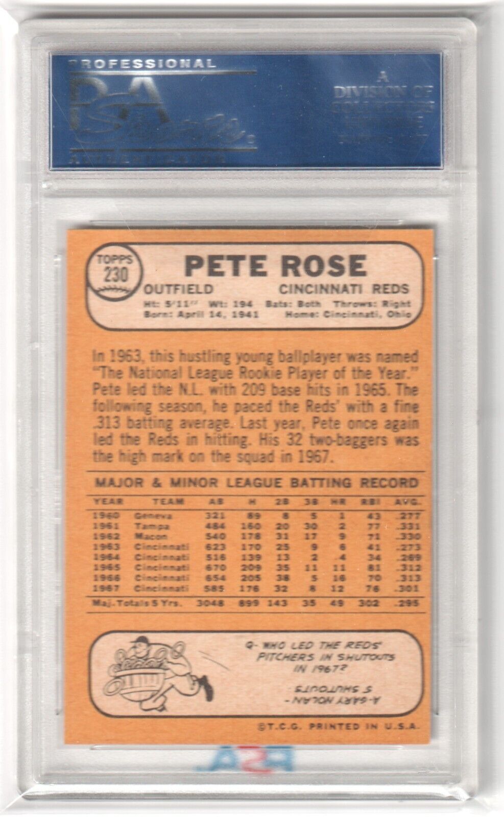 PETE ROSE 1968 Topps #230 PSA 8 NM - MT - REDS - Columbia Hobby - Sports Card Boxes - Toploaders - Card Savers
