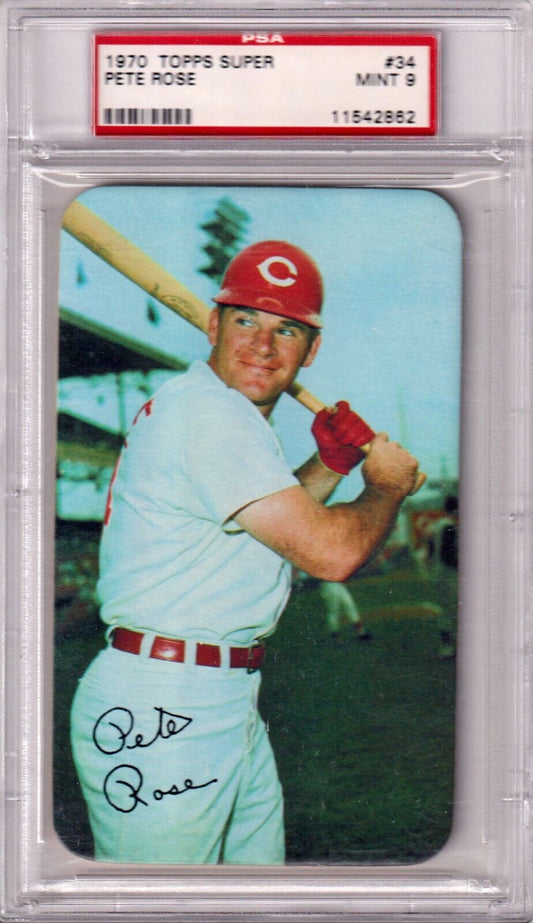 PETE ROSE 1970 Topps Super #34 PSA 9 MINT - REDS - Columbia Hobby - Sports Card Boxes - Toploaders - Card Savers