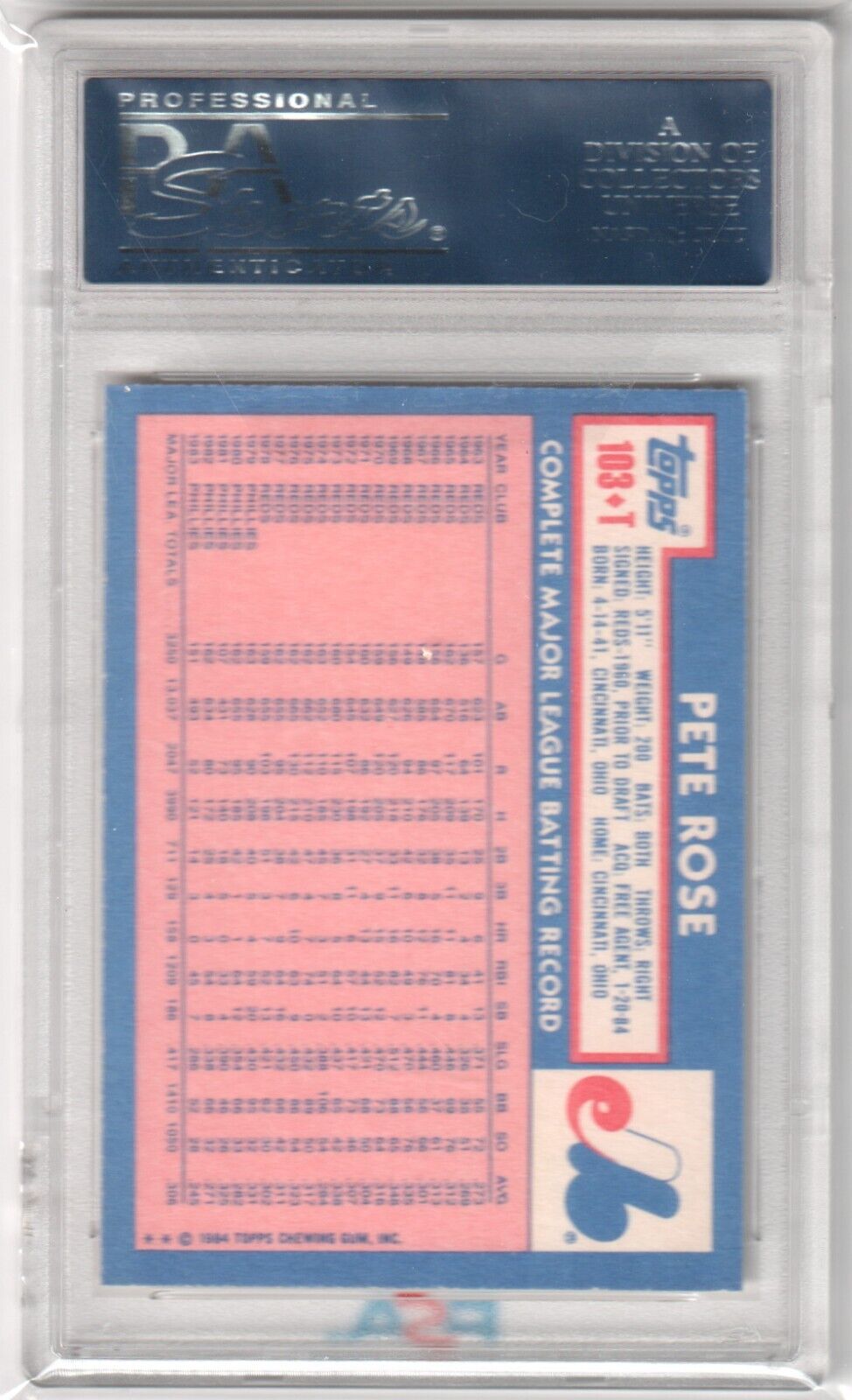 PETE ROSE 1984 Topps Traded #103T PSA 8 NM - MT - EXPOS - Columbia Hobby - Sports Card Boxes - Toploaders - Card Savers