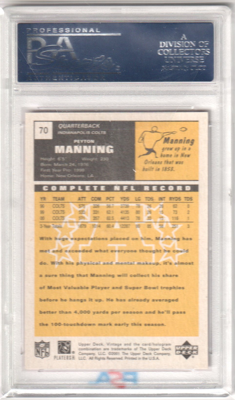 PEYTON MANING 2001 Upper Deck Vintage 70 PSA 10 GEM MINT - COLTS - Columbia Hobby - Sports Card Boxes - Toploaders - Card Savers