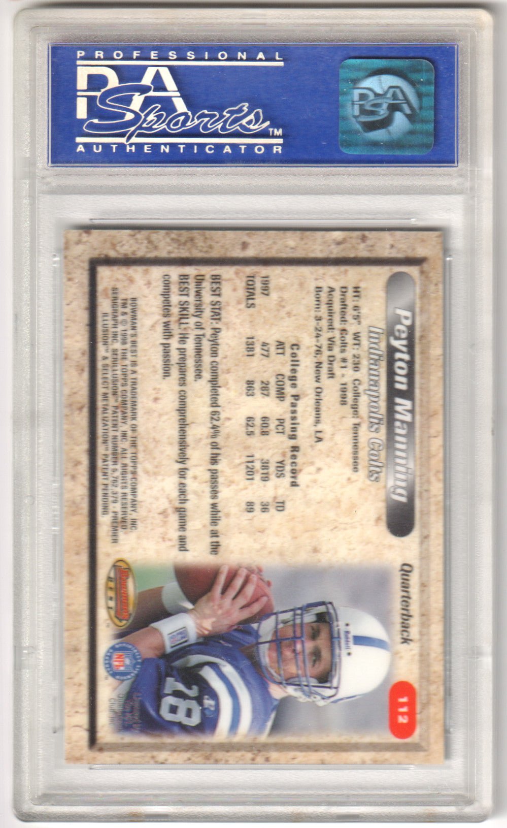 PEYTON MANNING 1998 Bowman's Best RC Rookie 112 PSA 10 GEM MINT - COLTS - Columbia Hobby - Sports Card Boxes - Toploaders - Card Savers