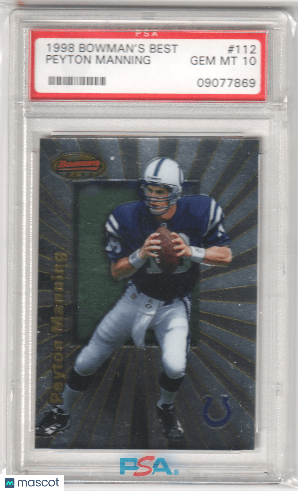 PEYTON MANNING 1998 Bowman's Best RC Rookie 112 PSA 10 GEM MINT - COLTS - Columbia Hobby - Sports Card Boxes - Toploaders - Card Savers