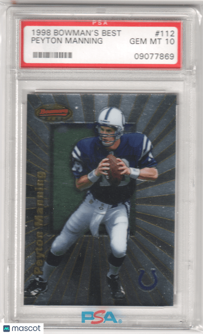 PEYTON MANNING 1998 Bowman's Best RC Rookie 112 PSA 10 GEM MINT - COLTS - Columbia Hobby - Sports Card Boxes - Toploaders - Card Savers